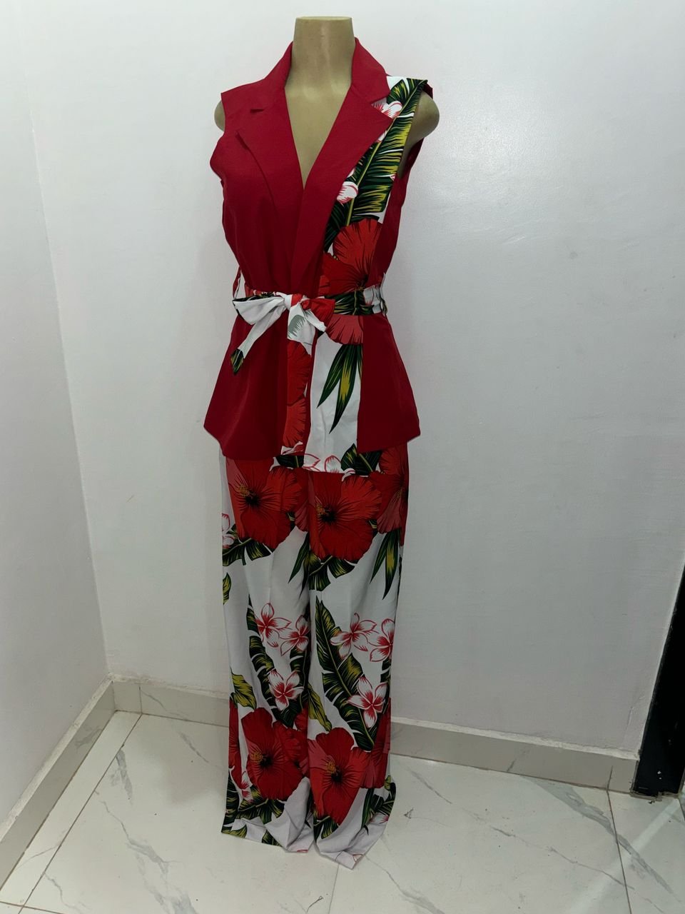 red and white floral two piece